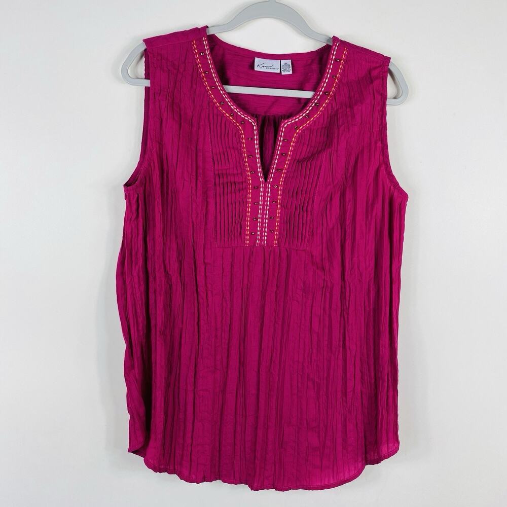 Kim Rogers Top XL Pink Sleeveless Crinkle Embellished Tank